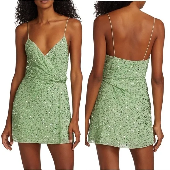 ALICE + OLIVIA CELESTINE EMBROIDERED WRAP DRAPED MINI DRESS - Picture 3 of 15